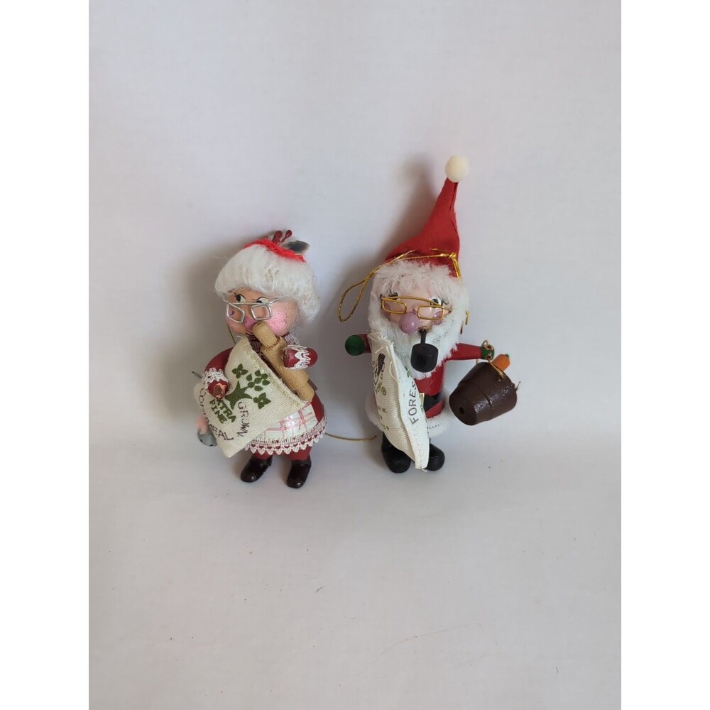 Vtg Santa & Mrs Claus Kurt Adler Christmas Ornaments Reindeer Feed Sack Wood 78